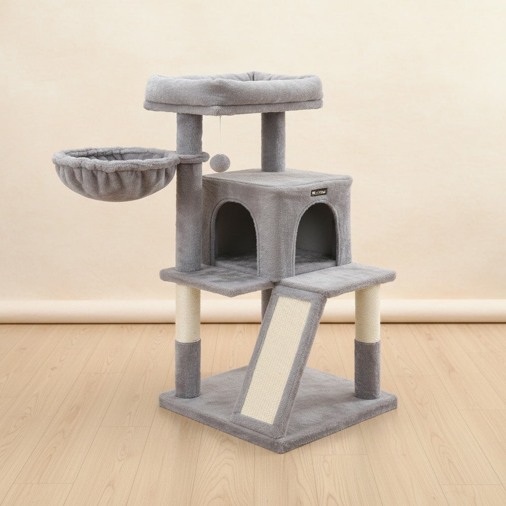 Havena Kattenkrabpaal 96 cm – Krabpaal met Huisje, Mand & Platform, Lichtgrijs – Comfortabele Speel- en Rustplek voor Kittens en Middelgrote Katten