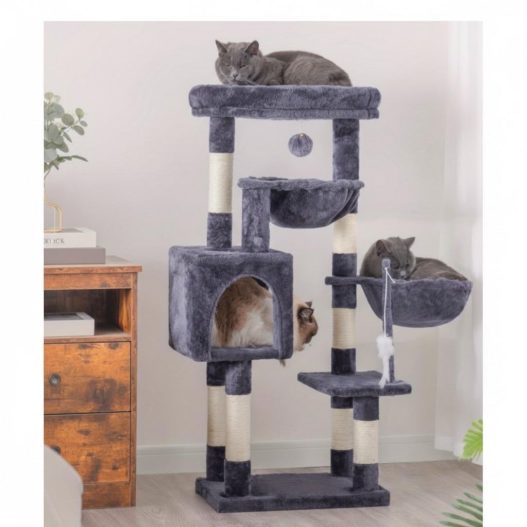 Havena Donkergrijze Luxe Kattenkrabpaal 110 cm Hoog – Fluweelbekleding, Meerdere Niveaus, Schuilhuisje, Sisal Krabpalen en Hangend Speelballetje – Perfect voor Katten om te Klimmen, Spelen en Rusten