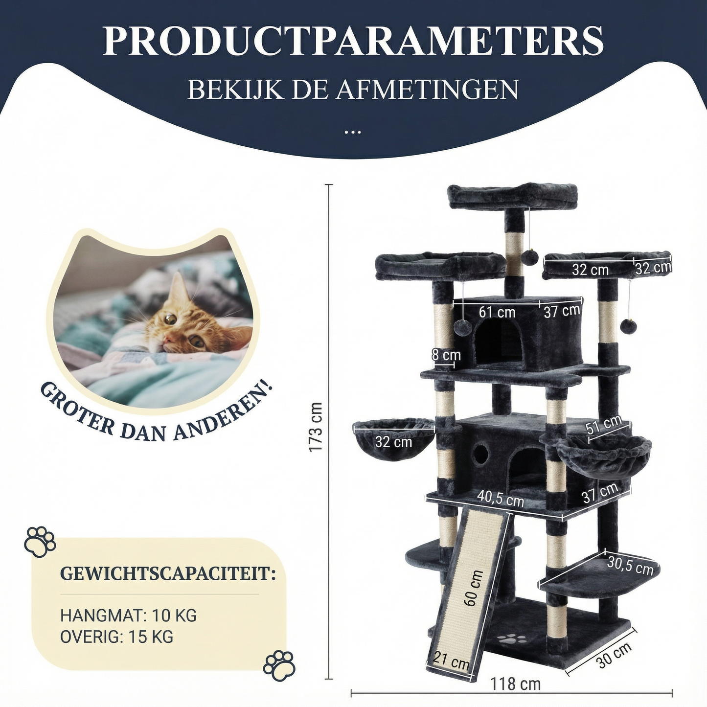 Havena Krabpaal - Kattenklimframe (Model HV20261) - Luxe- Kwaliteit- Krabpaal - 172CM X 77,5CM X 118,1CM