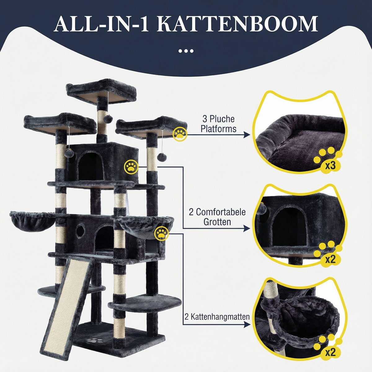 Havena Krabpaal - Kattenklimframe (Model HV20261) - Luxe- Kwaliteit- Krabpaal - 172CM X 77,5CM X 118,1CM