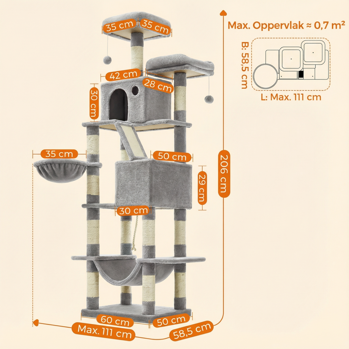 Havena Grote Kattenboom 206 cm (Model HV20262) - Krabpaal - Kwaliteit - Extra Hoog - Deluxe