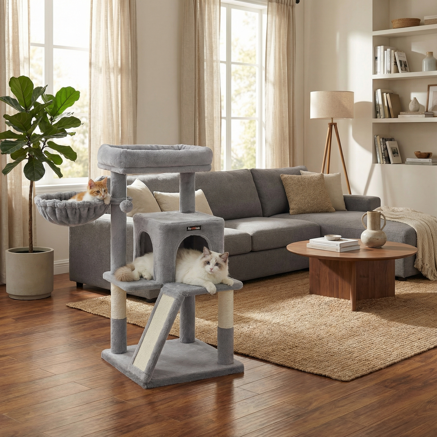Havena Kattenkrabpaal 96 cm – Krabpaal met Huisje, Mand & Platform, Lichtgrijs – Comfortabele Speel- en Rustplek voor Kittens en Middelgrote Katten