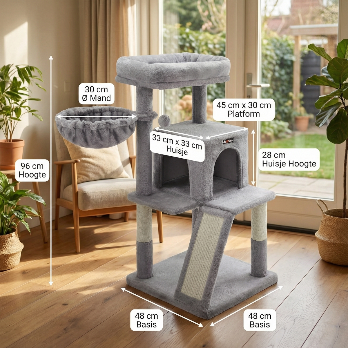Havena Kattenkrabpaal 96 cm – Krabpaal met Huisje, Mand & Platform, Lichtgrijs – Comfortabele Speel- en Rustplek voor Kittens en Middelgrote Katten