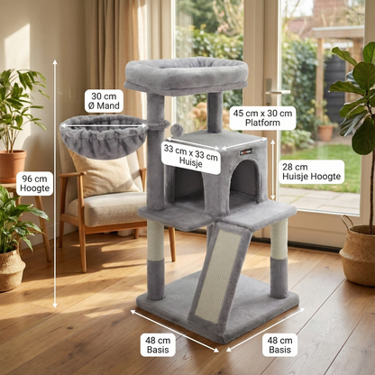 Havena Kattenkrabpaal 96 cm – Krabpaal met Huisje, Mand & Platform, Lichtgrijs – Comfortabele Speel- en Rustplek voor Kittens en Middelgrote Katten