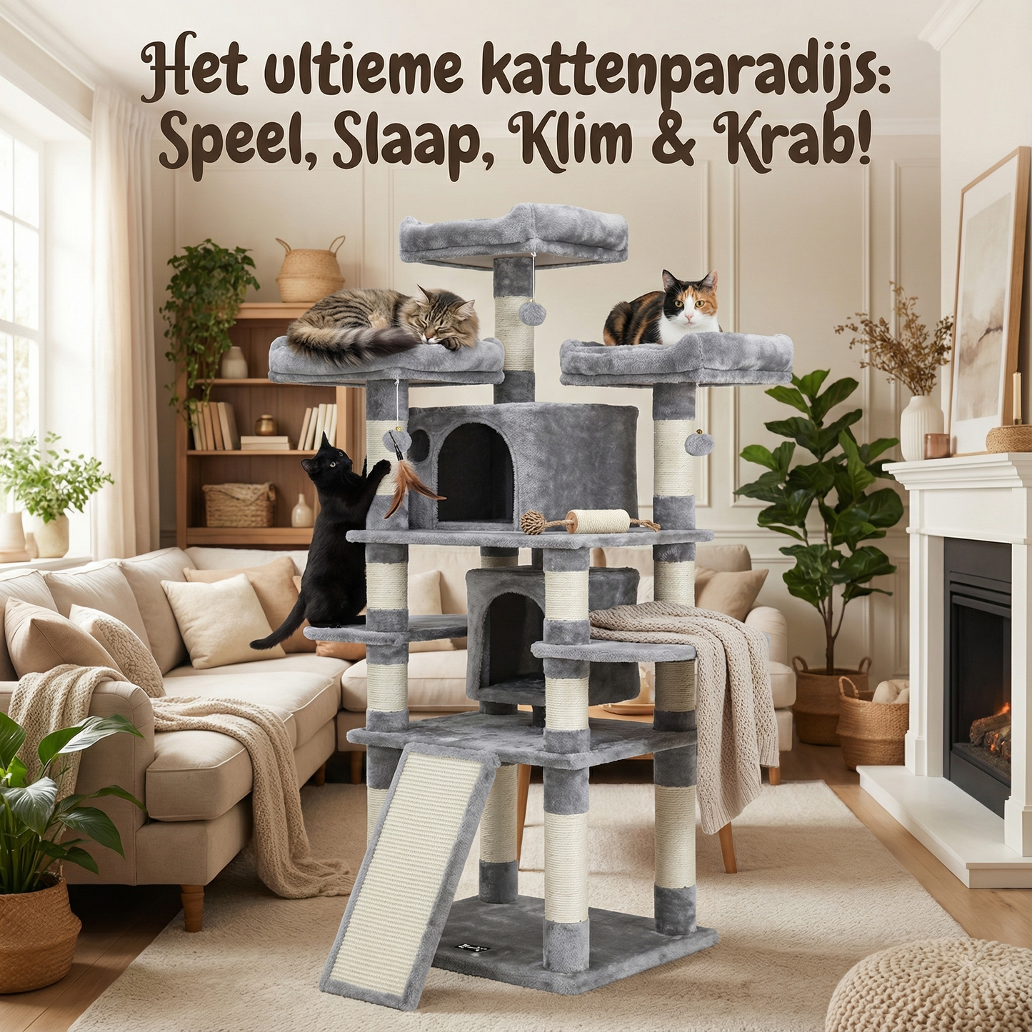 Havena Katten Krabpaal Hoog Light Grey met Looptrap