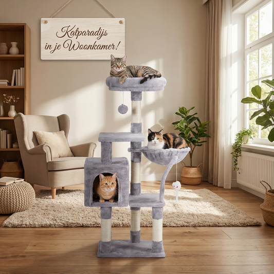 Havena Katten Krabpaal Laag Light Grey met Hangend Tafeltje