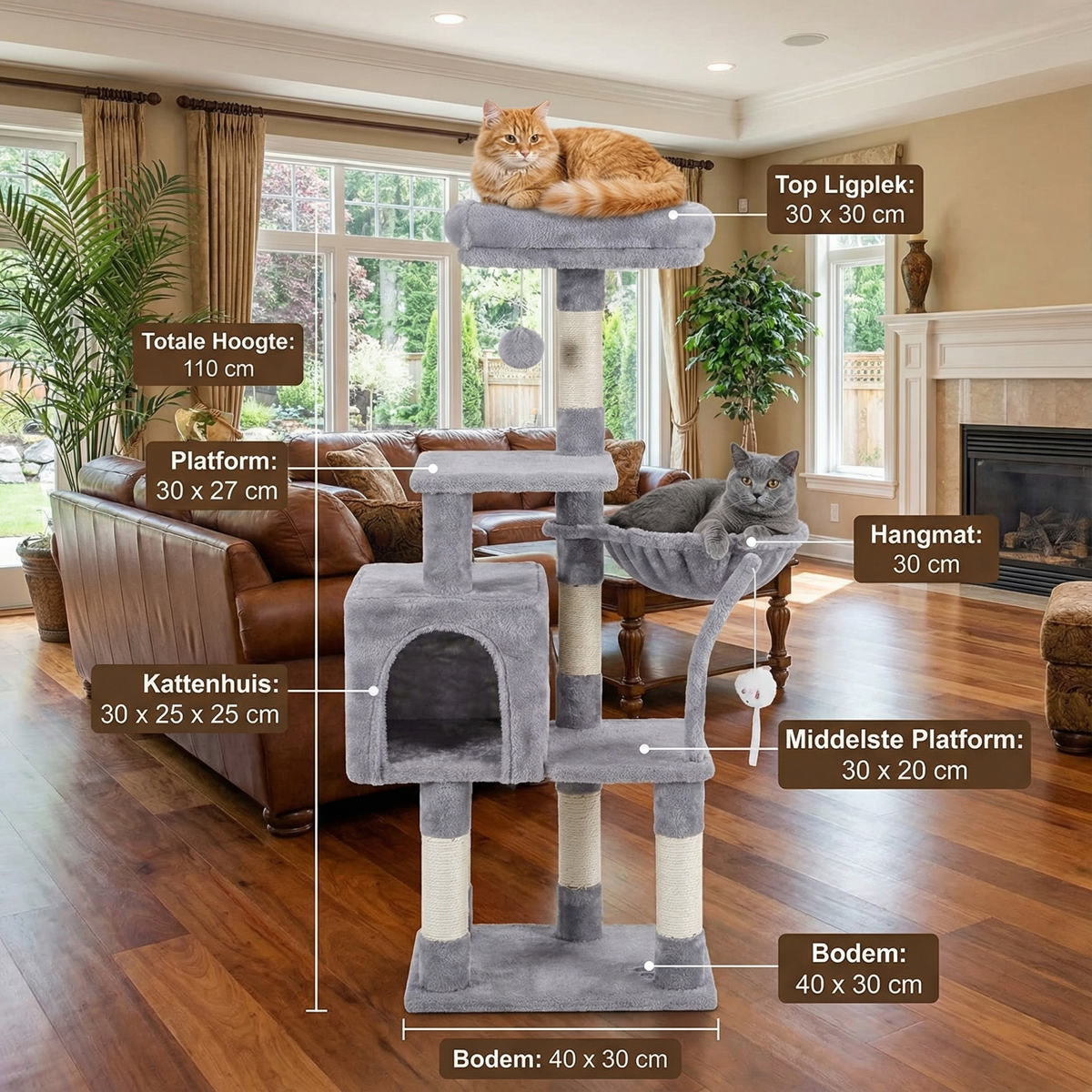 Havena Katten Krabpaal Laag Light Grey met Hangend Tafeltje