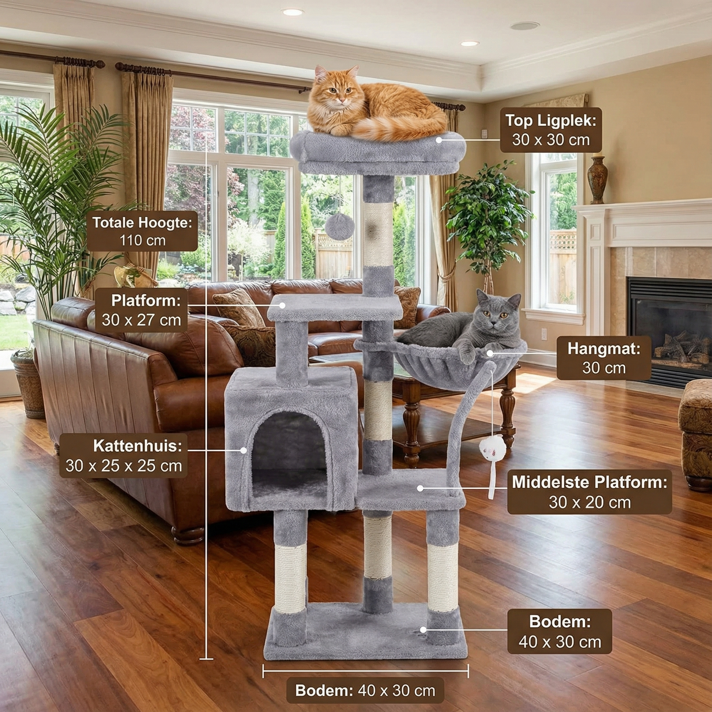 Havena Katten Krabpaal Laag Light Grey met Hangend Tafeltje