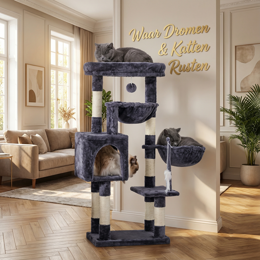 Havena Donkergrijze Luxe Kattenkrabpaal 110 cm Hoog – Fluweelbekleding, Meerdere Niveaus, Schuilhuisje, Sisal Krabpalen en Hangend Speelballetje – Perfect voor Katten om te Klimmen, Spelen en Rusten